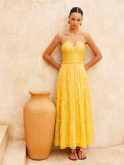 Halter Ruched Tiered Maxi Dress