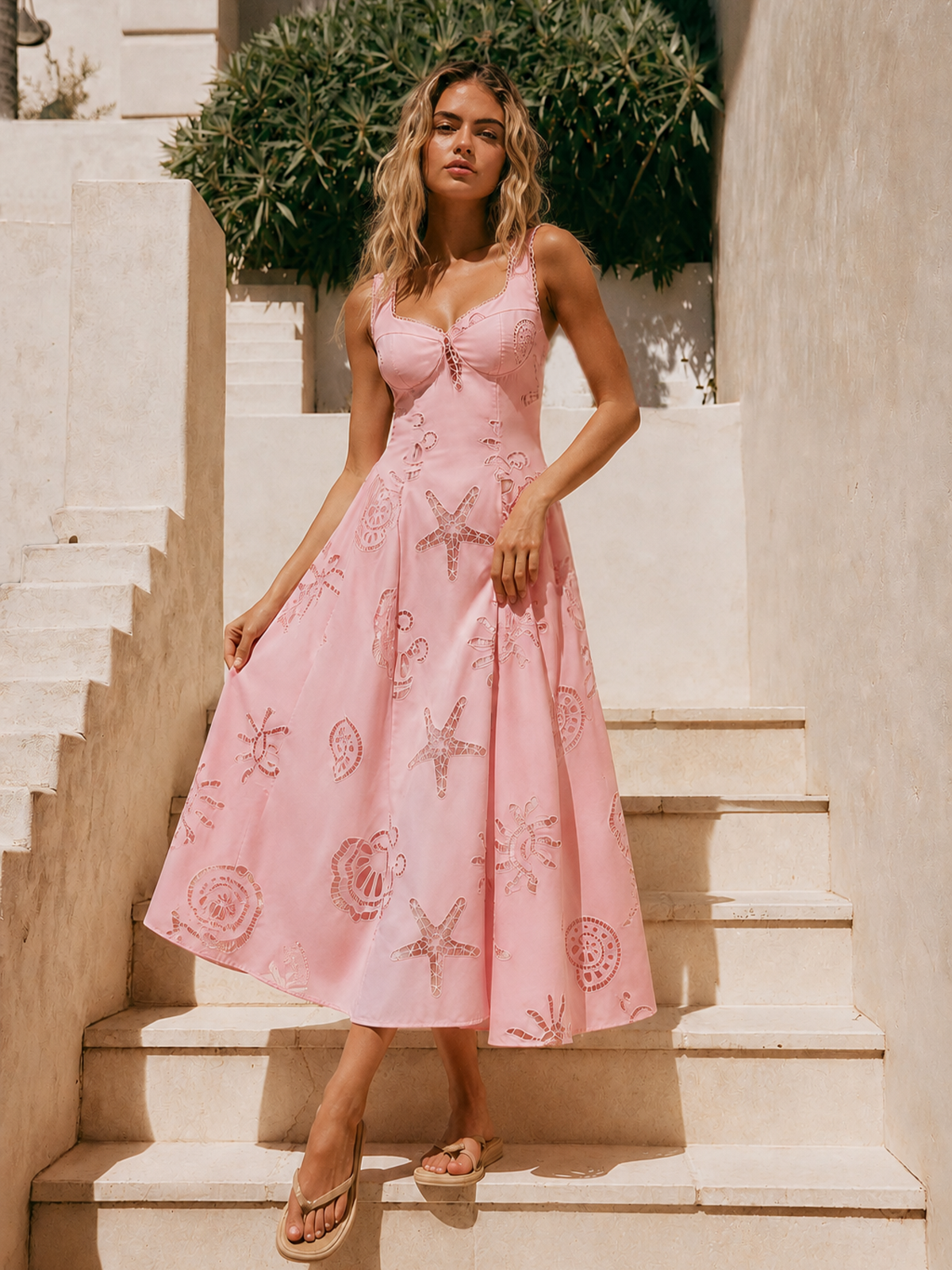 Ocean Cutwork Flared Midi Dress