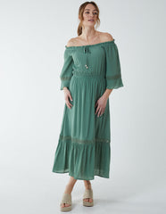 Off Shoulder Elasticated Lace Insert Midi Dress