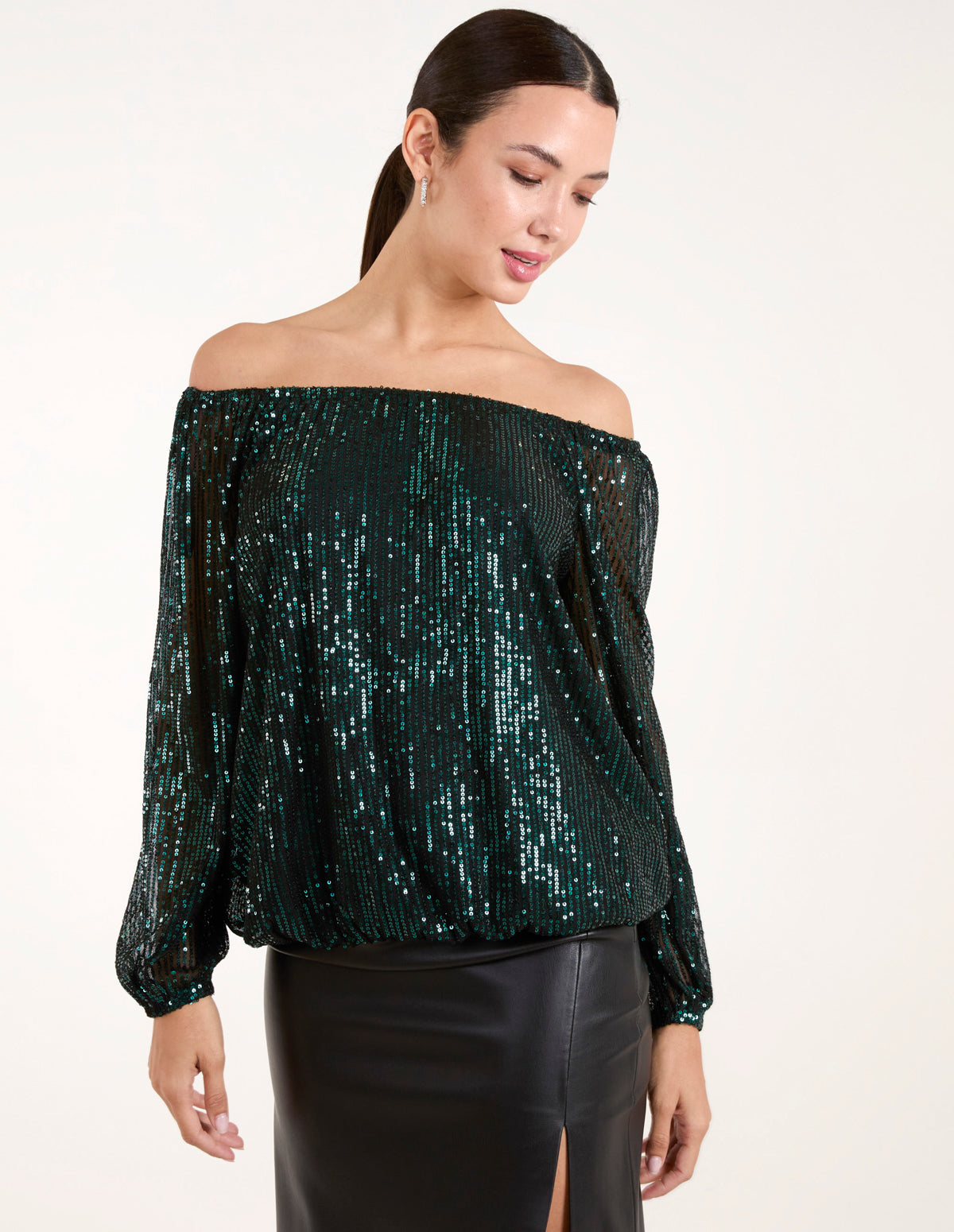Bardot Elastic Neck Puffball Sequin Top