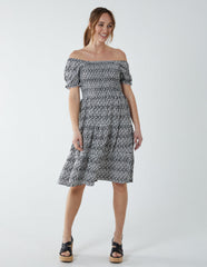 Puff Sleeve Bardot Shirred Dress