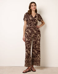 Tropical Print Shirred Waist Elasticated Round Neck Jumpsuit