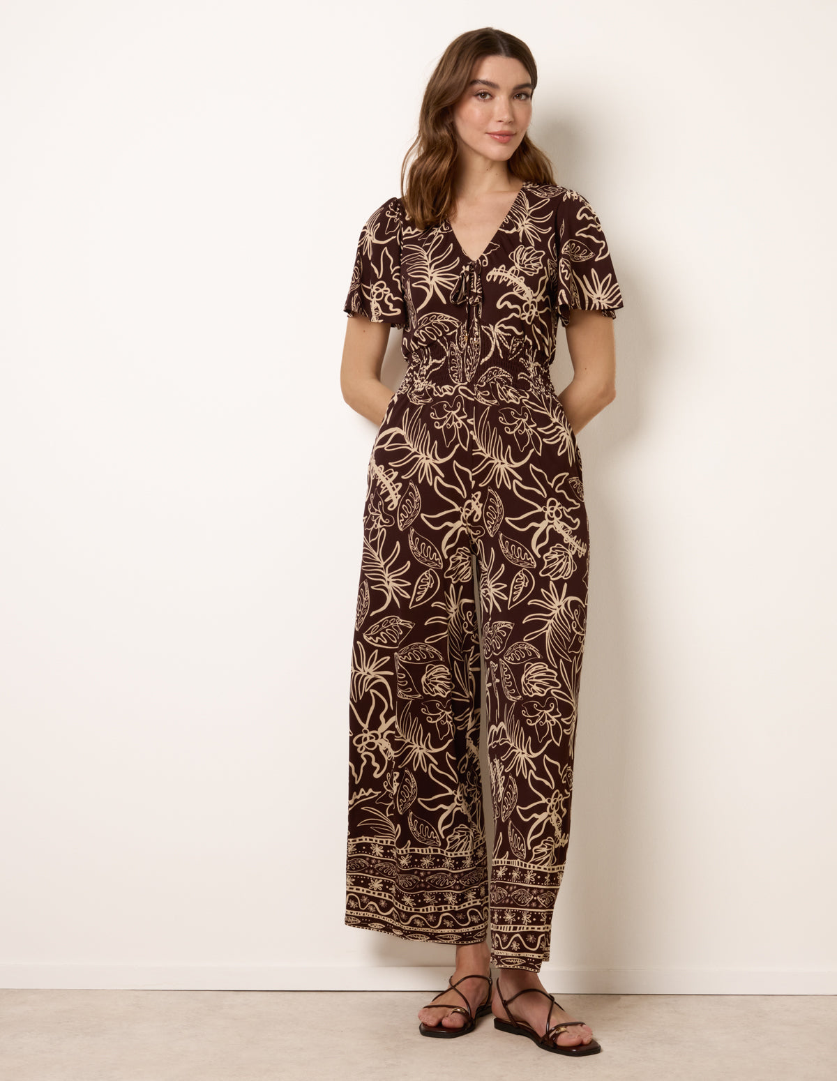 Tropical Print Shirred Waist Elasticated Round Neck Jumpsuit