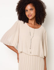 Pleated Short Sleeve Dress with Necklace