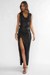 Lyrah Cowl Ruched Maxi Dress Black