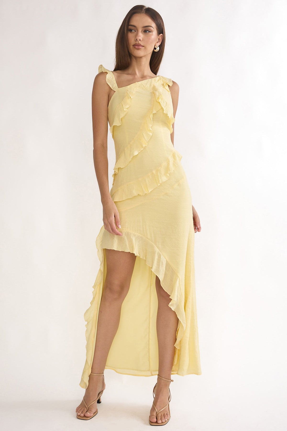 Arrabel Asymmetric Hem Ruffle Maxi Dress Lemon