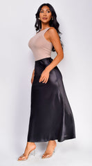Ophelia Satin Slip Midi Skirt - Black