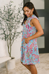 Lizzy Forever Flutter Sleeve Dress in Blue and Pink Paisley Floral