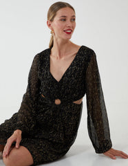 V-Neck Long Sleeve Metallic Dress