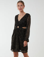 V-Neck Long Sleeve Metallic Dress
