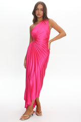 Brooklynn One-Shoulder Accordion Pleat Satin Midi Dress Fuchsia