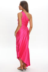 Brooklynn One-Shoulder Accordion Pleat Satin Midi Dress Fuchsia