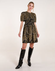 Shirred Front Puff Sleeve Mini Dress