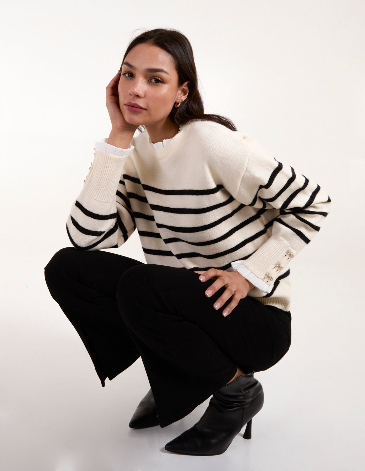 Horizontal Stripes Bow Button Detailed Jumper