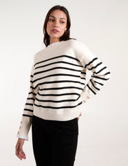 Horizontal Stripes Bow Button Detailed Jumper