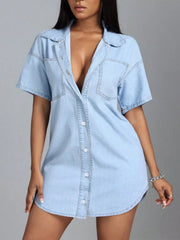 Button-Down Short Sleeve Denim Dress