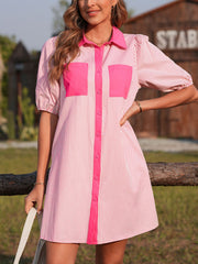 Stripe Color Block Patchwork Shirt Collar Button Down Puff Sleeve Mini Dress