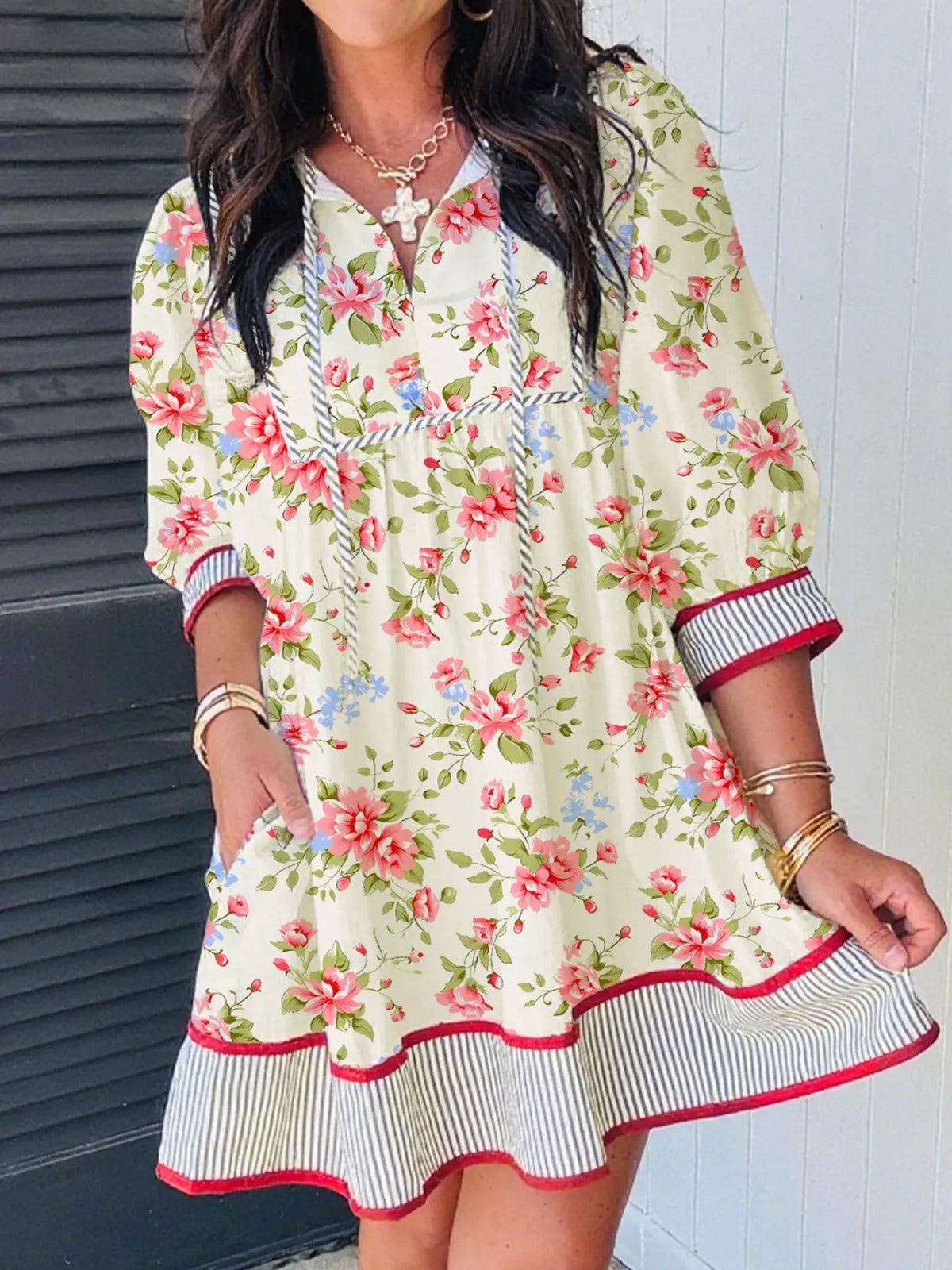 Striped Edge 3/4 Puff Sleeve Floral Dress
