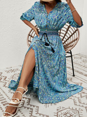 Paisley Print Half Sleeve Slit Midi Dress