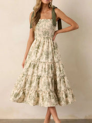 Floral Print Tiered Midi Dress with Tie Straps
