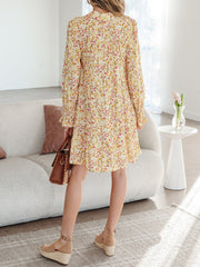 Floral Print Frilly Trim Smocked Cuff Long Sleeve Loose Shirt Dress