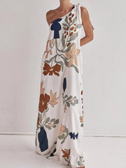 Bohemian Floral Print One-Shoulder Maxi Dress