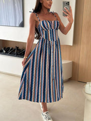 Striped Tie-Shoulder Midi Dress