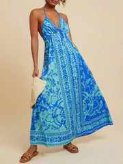 Bohemian Floral Print Halter Maxi Dress