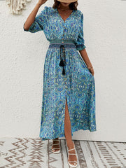 Paisley Print Half Sleeve Slit Midi Dress