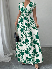 Printed Surplice Cap Sleeve Maxi Dress