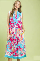 Umgee Floral Sleeveless Midi Dress with Side Pockets