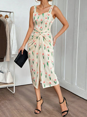 Tulip Print Twist Front Slit Cami Dress