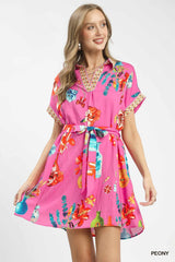 Umgee Floral Print Mini Dress with Belt