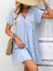 Plaid V-Neck Ruffle Hem Mini Dress