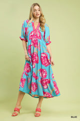 Umgee Floral Print Midi Dress with Contrast Trim