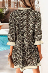 Leopard Print Striped Color Block Trim V Neck Bracelet Sleeve Mini Dress