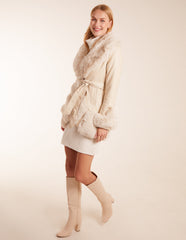 Faux Fur Collar PU Belted Coat