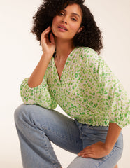 Leopard Print Elasticated Sleeve Wrap Front Elastic Hem Top