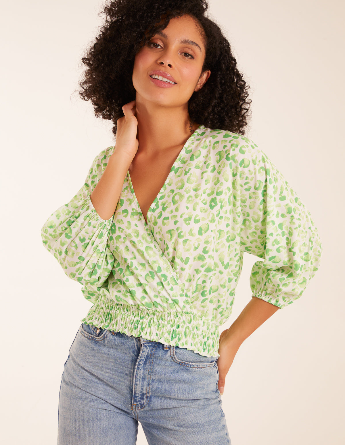 Leopard Print Elasticated Sleeve Wrap Front Elastic Hem Top