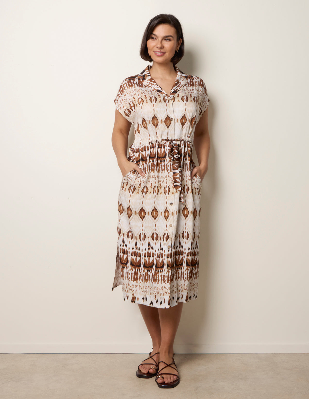 Drawstring Printed Midi Shirt Dress