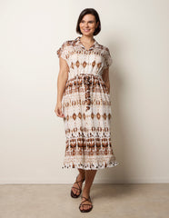 Drawstring Printed Midi Shirt Dress