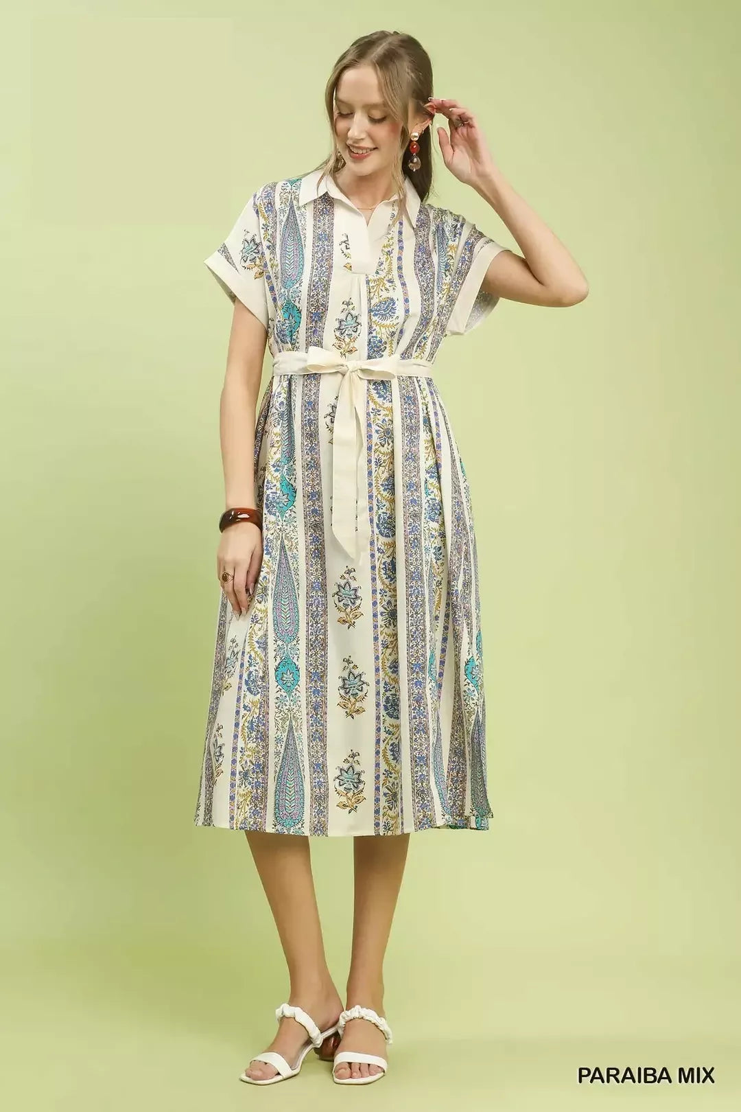 Umgee Vertical Print Tie Waist Midi Dress