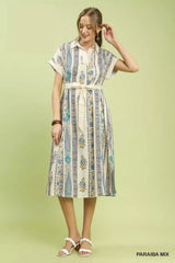 Umgee Vertical Print Tie Waist Midi Dress