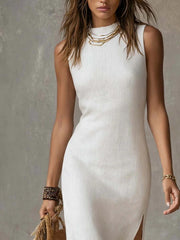 Full Size Sleeveless Mock Neck Slit Midi Dress Plus Size
