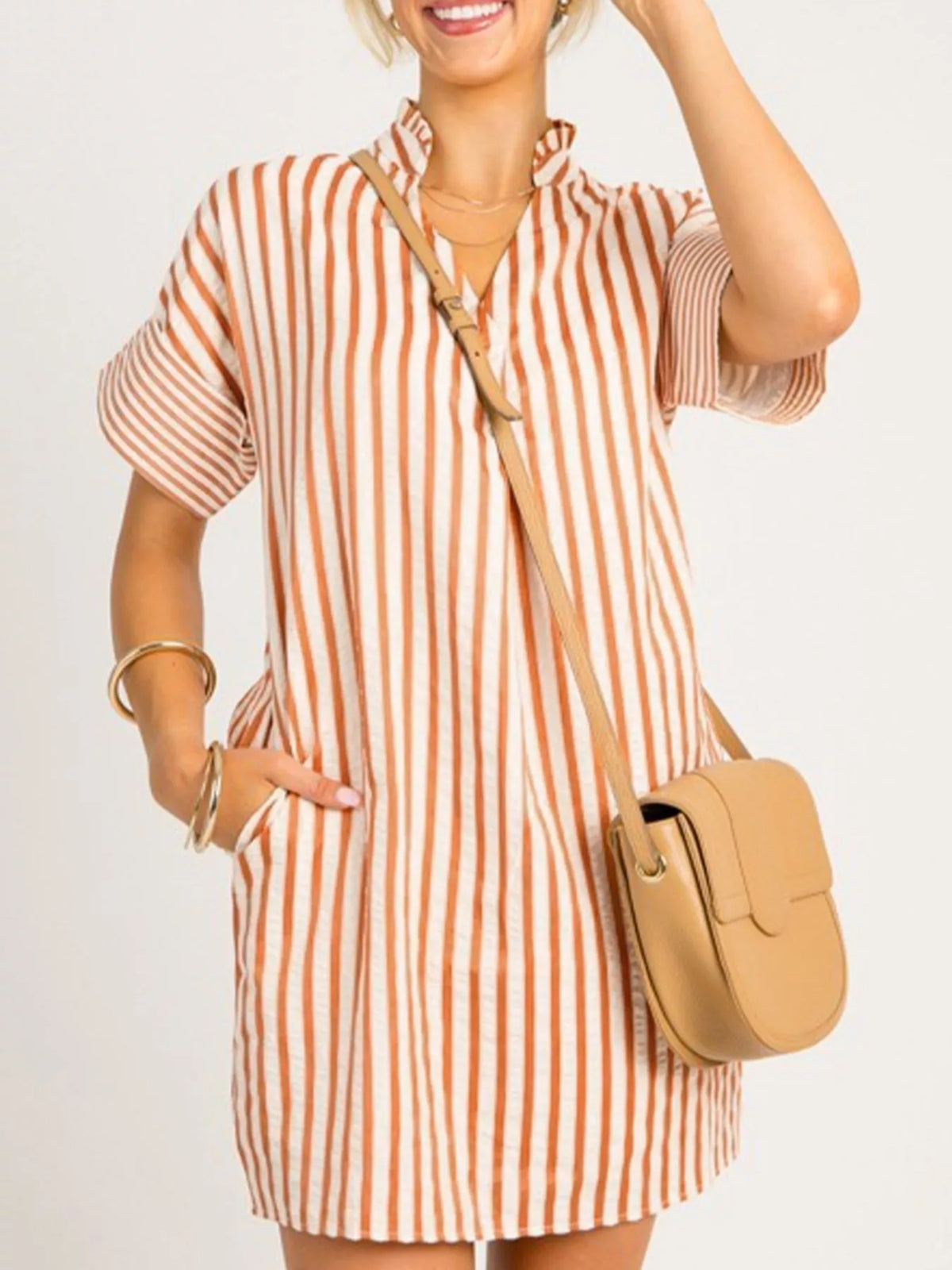 Stripe Pinched V Neck Turn-up Cuffs Shift Mini Dress