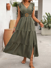 Slit Ruffled V-Neck Tiered Dress