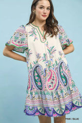 Umgee Paisley Flutter Sleeve Mini Dress