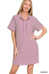Zenana Stripe Collared Half Button Up T-Shirts Dress