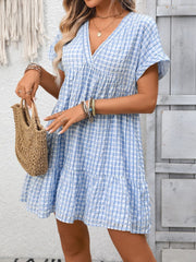Plaid V-Neck Ruffle Hem Mini Dress