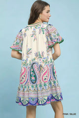Umgee Paisley Flutter Sleeve Mini Dress